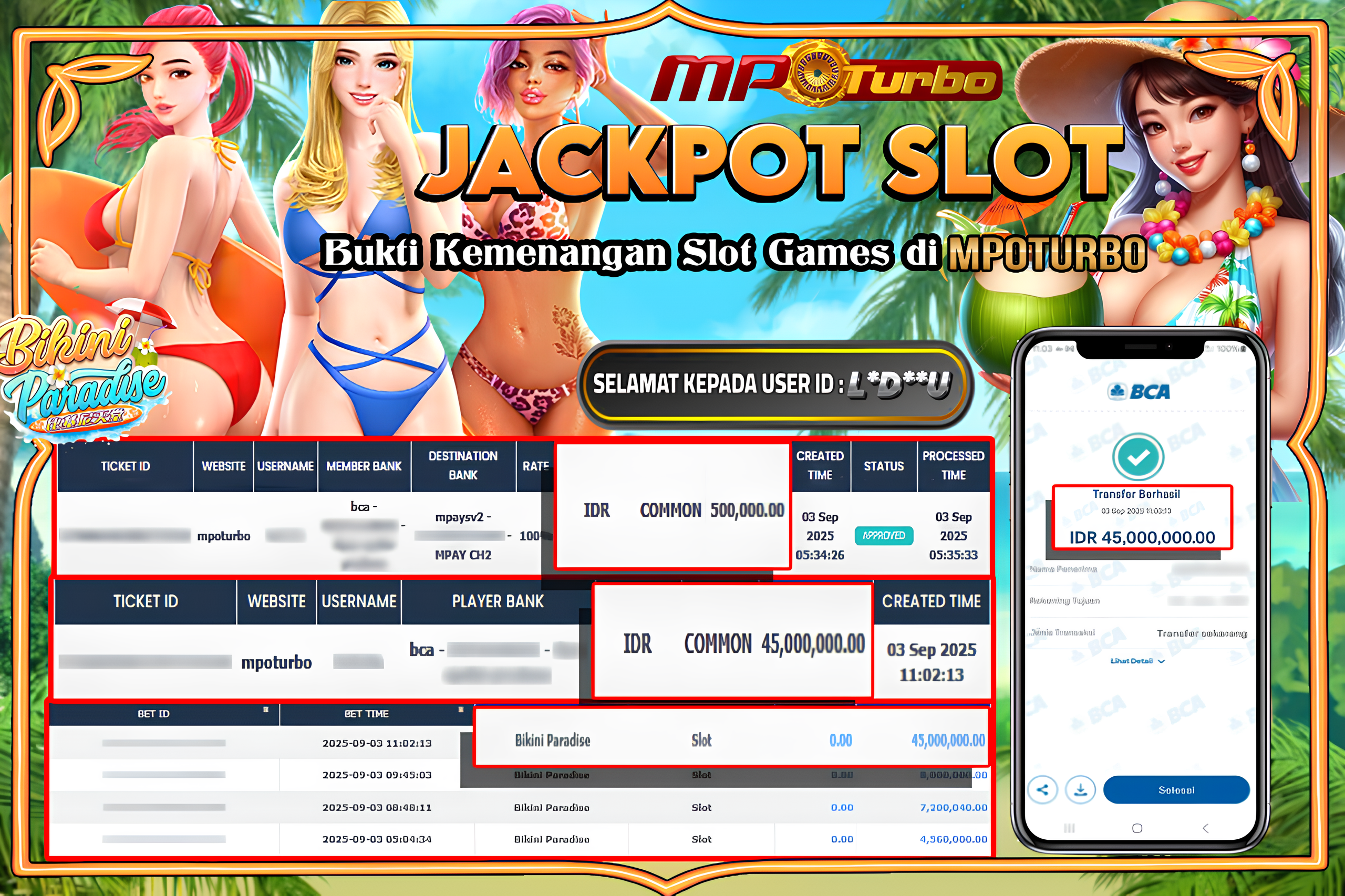 MPOTURBO BIKINI PARADISE - PG SOFT Rp 45,000,000.00,- LUNAS